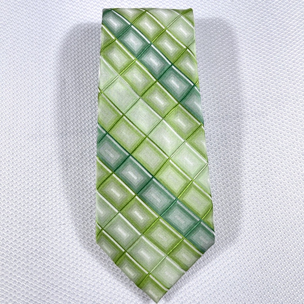 Stafford Performance Mens Green Geometric Silk Necktie Plaid Pattern Tie